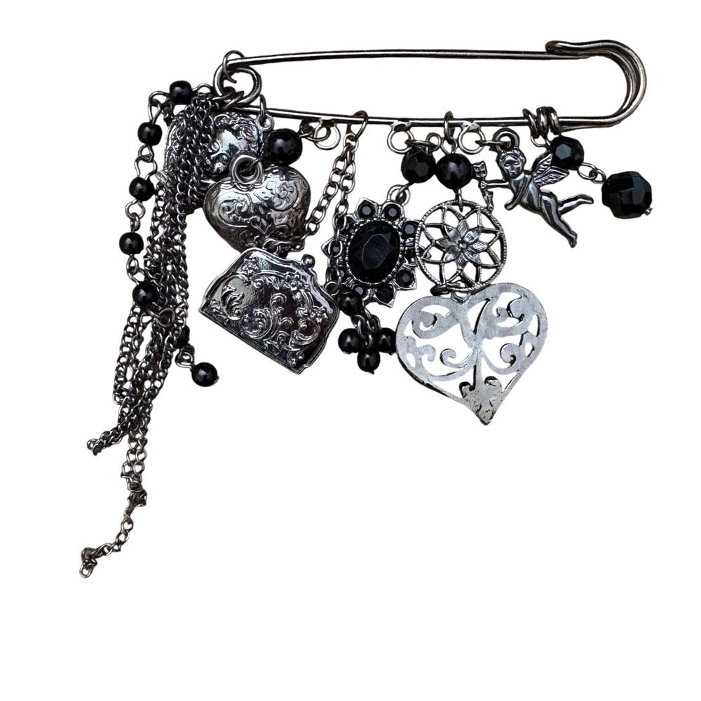 Gothic Gunmetal Multi Charm Safety Pin Brooch Hearts Cherub Black Beads Tassels